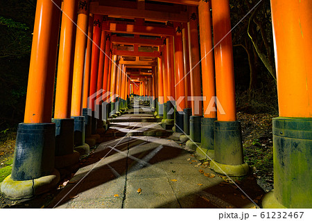 京都伏見稲荷大社夜の千本鳥居参道に交差する光と影の写真素材