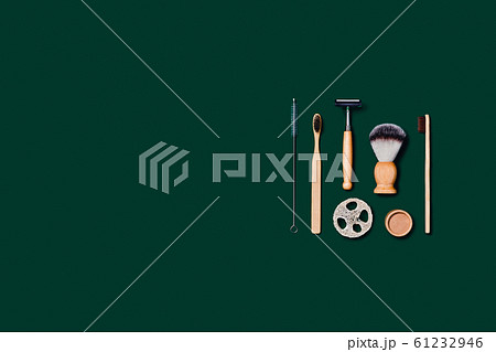 Zero waste accessories on green background. Zero waste accessories on green background. 61232946
