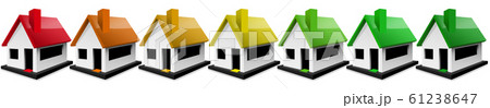 74/5000 Energy efficiency class - Seven model houses with multi-colored roofs 61238647