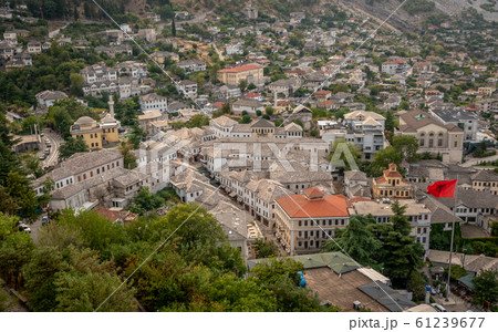 Albanian flag raised at old town in Gjirokaster, Albania Albanian flag raised at old town in Gjirokaster, Albania 61239677
