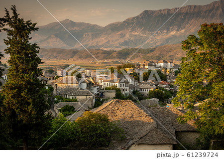 Stone houses at an old town in Gjirokaster, Albania 61239724