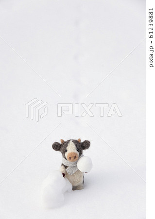 雪合戦する牛のフェルトマスコットの写真素材