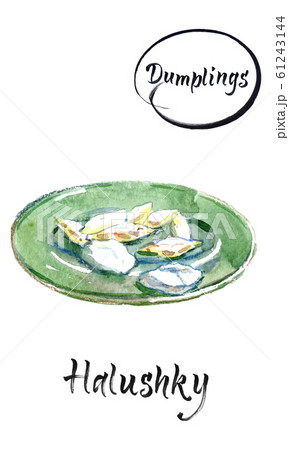 Traditional Ukrainian food - dumplings halushky, watercolor hand drawn illustration Traditional Ukrainian food - dumplings halushky, watercolor hand drawn illustration 61243144