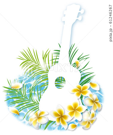 夏と楽器ウクレレ 水面とプルメリアの花 縦のイラスト素材