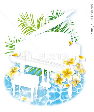 夏と楽器ピアノ 水面とプルメリアの花 縦のイラスト素材