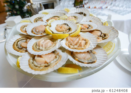 Scallops in the shell, cooked with chili. Delicious. Scallops in the shell, cooked with chili. Delicious. 61248408