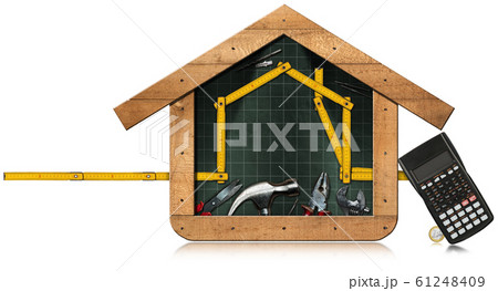 Home improvement - Work tools and model house in a blackboard Home improvement - Work tools and model house in a blackboard 61248409
