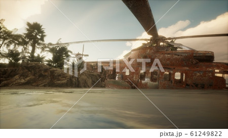old rusted military helicopter near the island 61249822