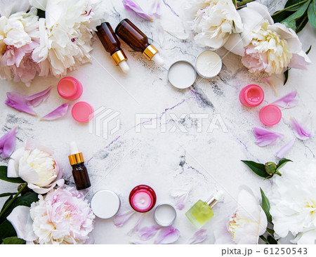 flat lay composition with peony flowers and flat lay composition with peony flowers and 61250543