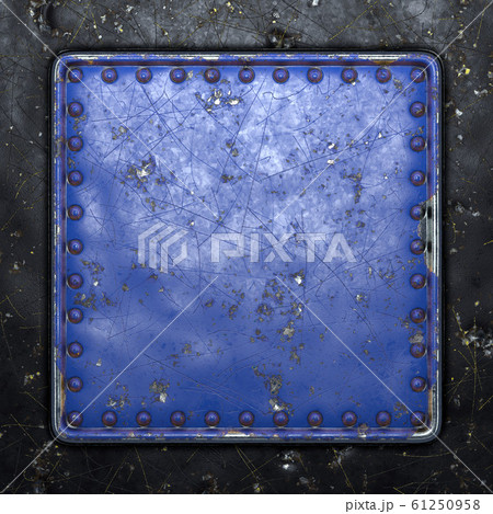 Painted blue metal with rivets in the shape of a square in the center on black metal background. 3d Painted blue metal with rivets in the shape of a square in the center on black metal background. 3d 61250958