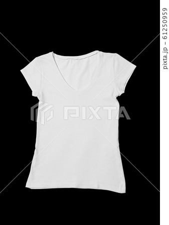 Blank white women's t-shirt on black cut background. Mock-up. 61250959