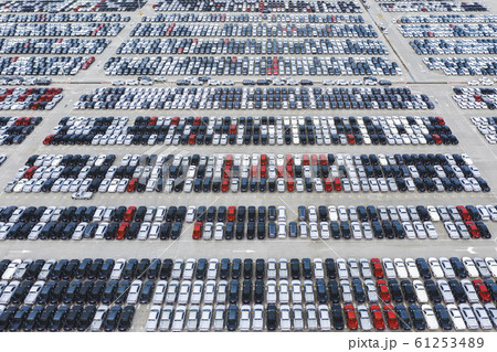 Top view of row new cars in logistic port export terminal 61253489