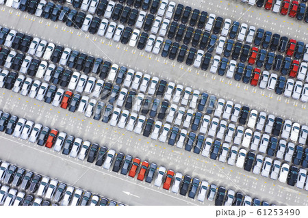 Top view of row new cars in logistic port export terminal 61253490
