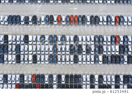 Top view of row new cars in logistic port export terminal 61253491