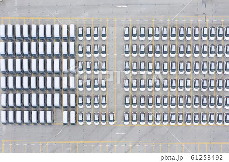 Top view of row new cars in logistic port export terminal 61253492