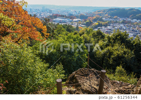 紅葉の天覧山 岩場から望む飯能市街の写真素材
