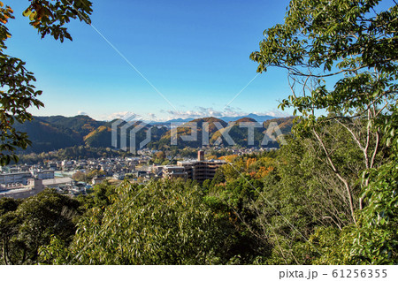 紅葉の天覧山 岩場から飯能市街地を望むの写真素材