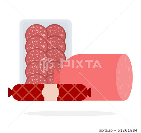 Slices of Salami in the package, the stick of smoked sausage and cooked sausage flat isolated Slices of Salami in the package, the stick of smoked sausage and cooked sausage flat isolated 61261884