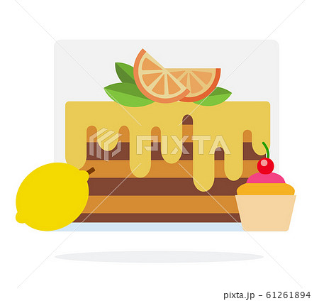 Lemon cake, muffin with cherry and lemon flat isolated Lemon cake, muffin with cherry and lemon flat isolated 61261894