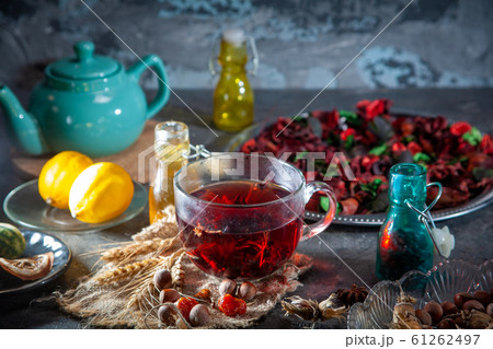 Red Hot Hibiscus tea in a glass mug 61262497