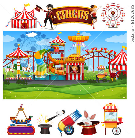 Circus scene with many rides and sign template 61262685