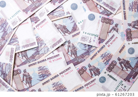 Russian ruble. Russian currency closeup in the form of texture. 61267203