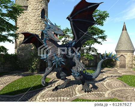 Fantasy Dragon and Medieval Tower 3D Illustration Fantasy Dragon and Medieval Tower 3D Illustration 61267627