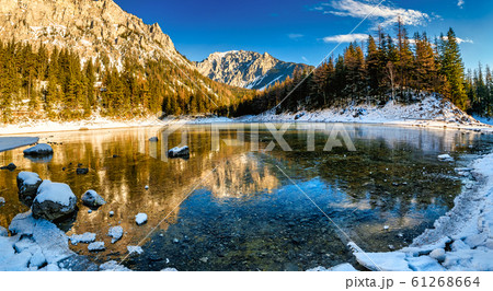 Peaceful mountain panorama view with famous green lake in Austria Styria. Tourist destination lake Gruner See in winter. Peaceful mountain panorama view with famous green lake in Austria Styria. Tourist destination lake Gruner See in winter. 61268664