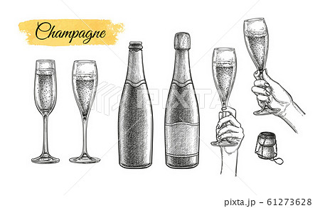 Clinking glasses and champagne bottles. 61273628
