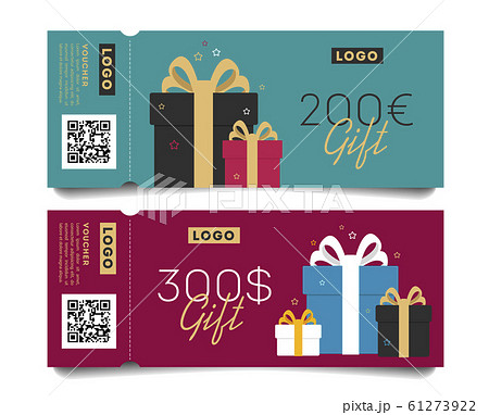 Gift voucher layout template with monetary award and gift boxes illustration. Special offer for the customer. Gift voucher layout template with monetary award and gift boxes illustration. Special offer for the customer. 61273922