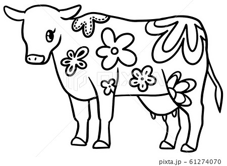 花柄の牛のイラスト 白黒のイラスト素材 61274070 Pixta