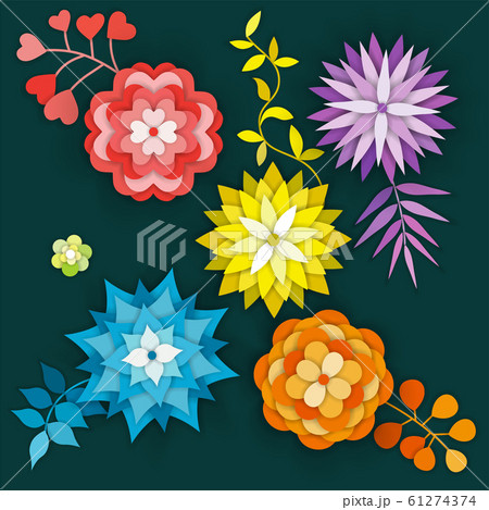 Paper art flowers isolated. Set - vector stock. 61274374