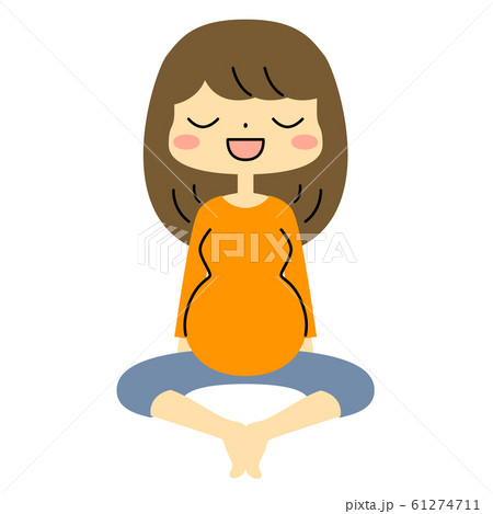 あぐらをかいて座り リラックスする妊婦 ズボン着用 絵本風 のイラスト素材