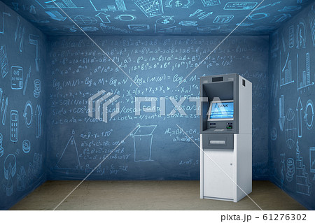 3d rendering of ATM in empty room with walls and ceiling all covered in math formulae. 3d rendering of ATM in empty room with walls and ceiling all covered in math formulae. 61276302