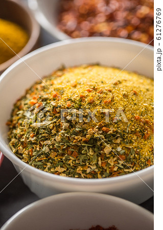 Vegeta and variety spices and herbs in bowls. Dry 61276769