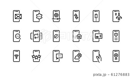 Phone line icons. Mobile device notification and adjustment, wireless pay and secure private data. Vector smartphone app set 61276883
