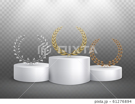 Winner pedestal. Laurel golden emblems on podium reward foliage banner. Pedestal with prize luxury concept illuminated podium 61276894