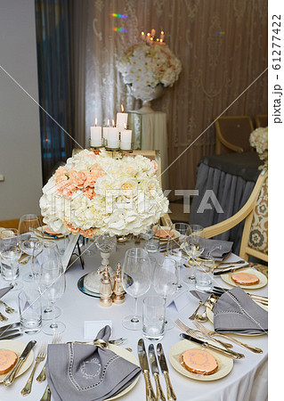 The luxury, elegant wedding reception table arrangement. The luxury, elegant wedding reception table arrangement. 61277422