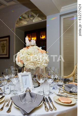 The luxury, elegant wedding reception table arrangement. The luxury, elegant wedding reception table arrangement. 61277424
