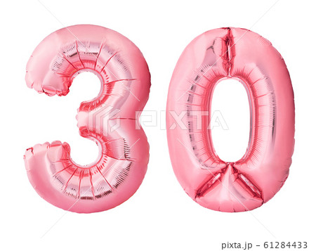 Number 30 thirty made of rose gold inflatable balloons isolated on white background. Discount and sale or birthday concept Number 30 thirty made of rose gold inflatable balloons isolated on white background. Discount and sale or birthday concept 61284433