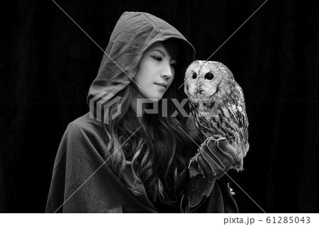 女性モデルとフクロウ 61285043