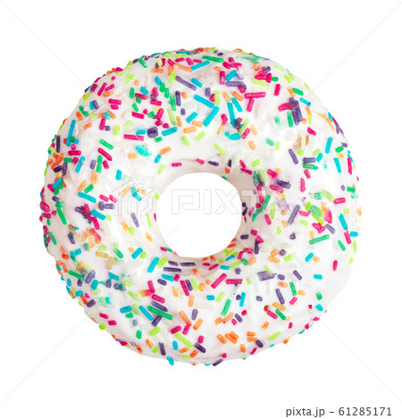 White donut decorated with colorful sprinkles isolated on white background White donut decorated with colorful sprinkles isolated on white background 61285171