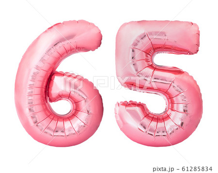 Number 65 sixty five made of rose gold inflatable balloons isolated on white background 61285834