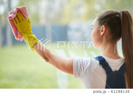 housekeeping concept. young girl in gloves cleaning big window housekeeping concept. young girl in gloves cleaning big window 61288136