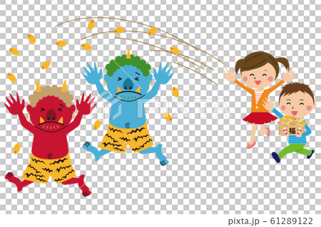 Setsubun: Male and female children who hit beans on Akaoni and Aoni 61289122