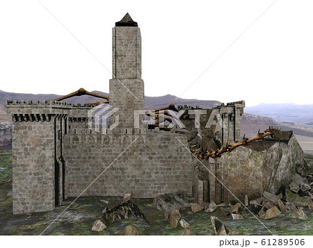 Dragon skeleton and ruined castle 3d illustration 61289506