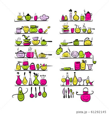 Kitchen utensils characters on shelves, sketch drawing for your design 61292145