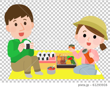 ハイキング 弁当を食べるカップル イラストのイラスト素材