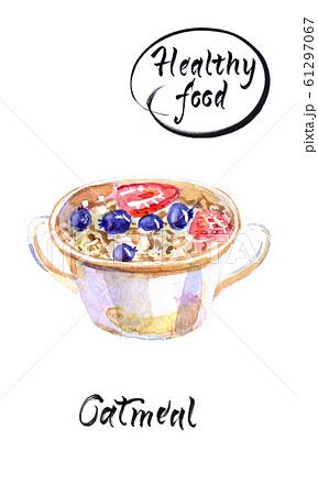 Oatmeal with sweet berries in a white bowl with two handles 61297067