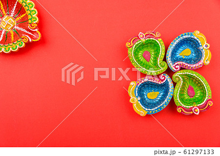 Happy Diwali Day, Flat lay top view Colorful Clay 61297133